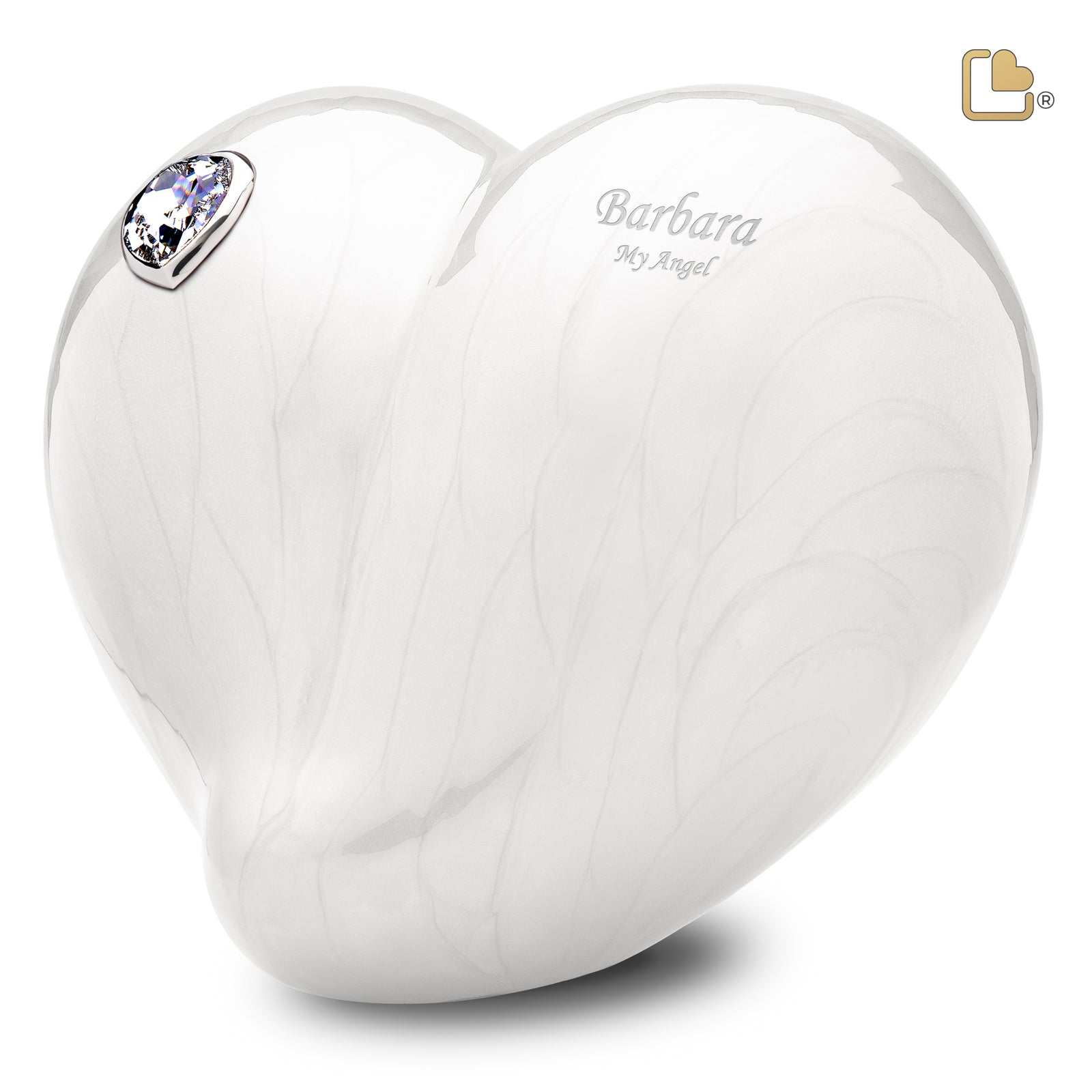 A1003 LoveHeart Standard Adult Urn Pearl White & Pol Silver w/Crystal