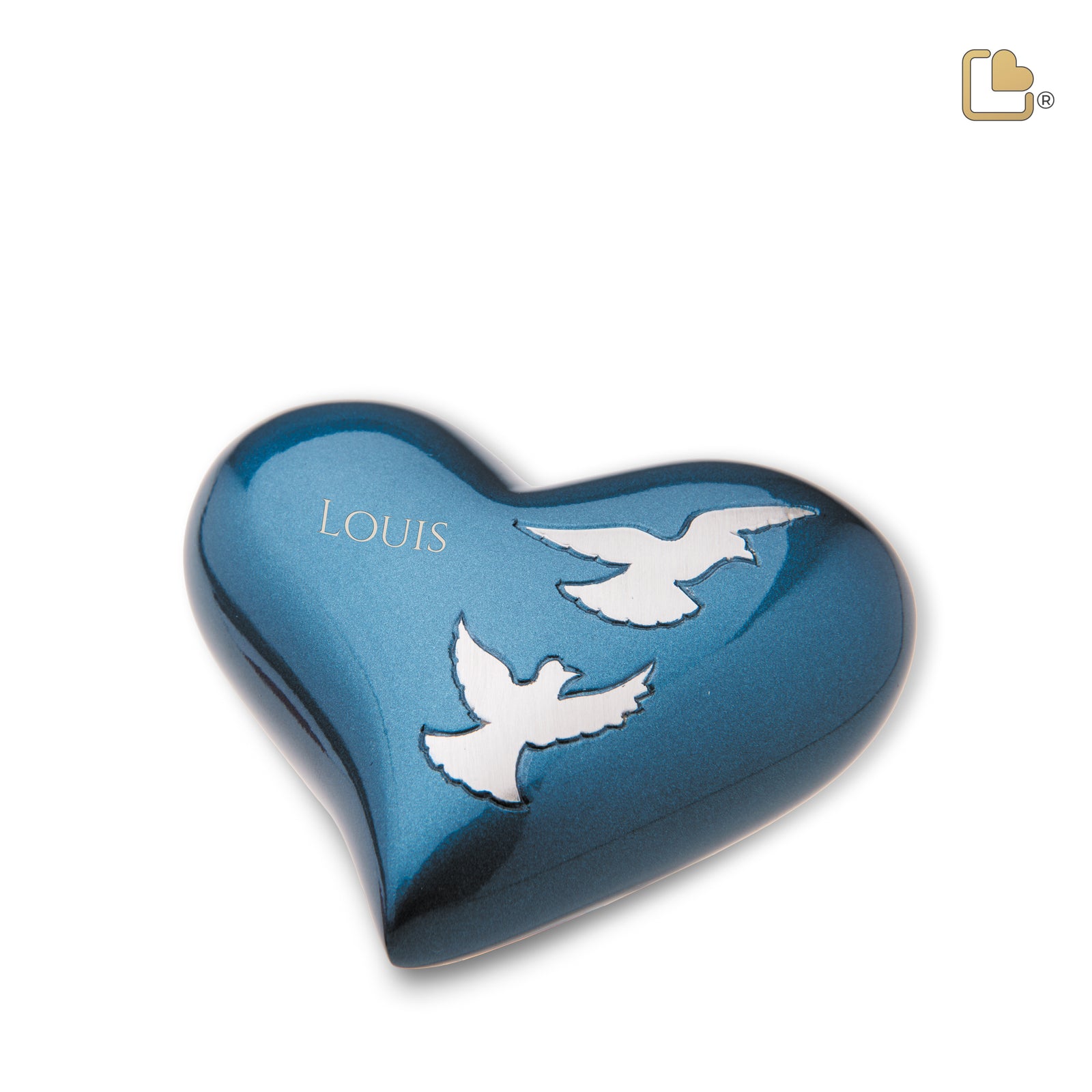 H572 Flying Doves Heart Keepsake Urn Blue & Bru Pewter