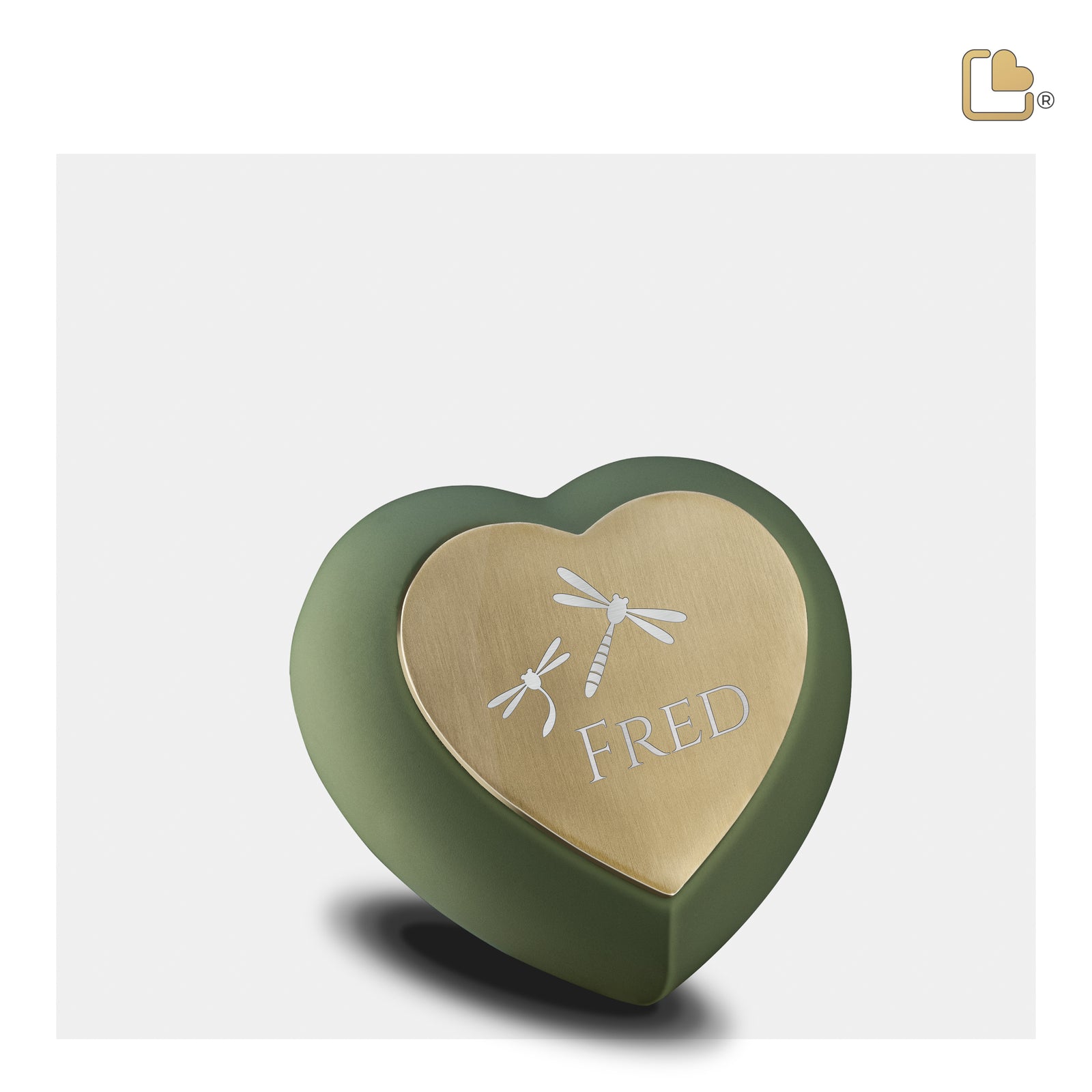 H585 Drop Heart Keepsake Urn Sage Green & Bru Gold