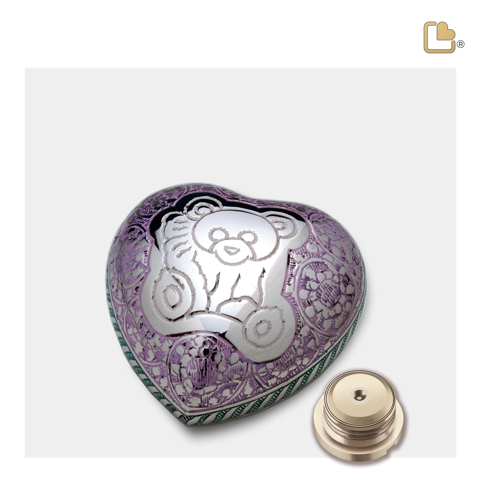 H672 TeddyBear Heart Keepsake Urn Pink & Pol Silver