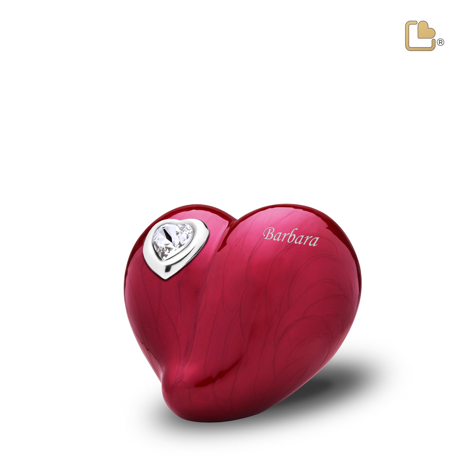 K1000 LoveHeart Keepsake Urn Pearl Red & Pol Silver w/Crystal