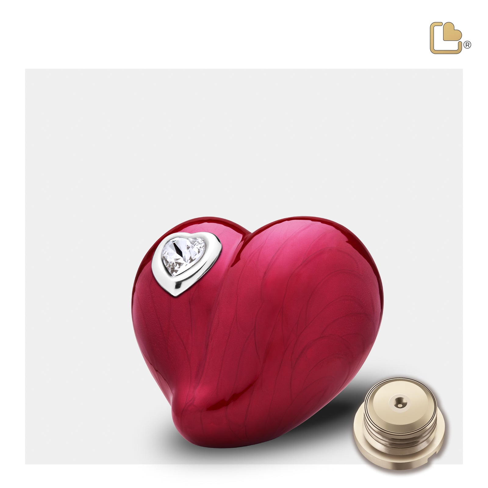 K1000 LoveHeart Keepsake Urn Pearl Red & Pol Silver w/Crystal