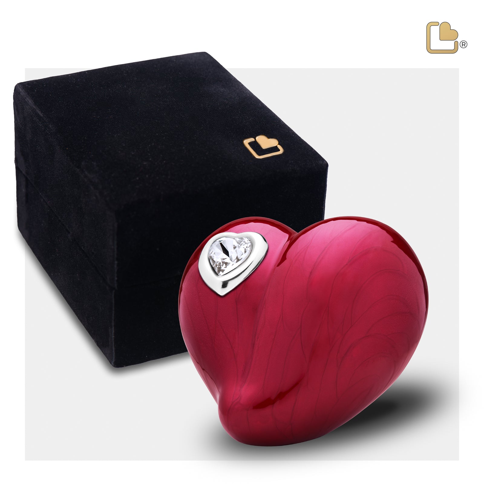 K1000 LoveHeart Keepsake Urn Pearl Red & Pol Silver w/Crystal