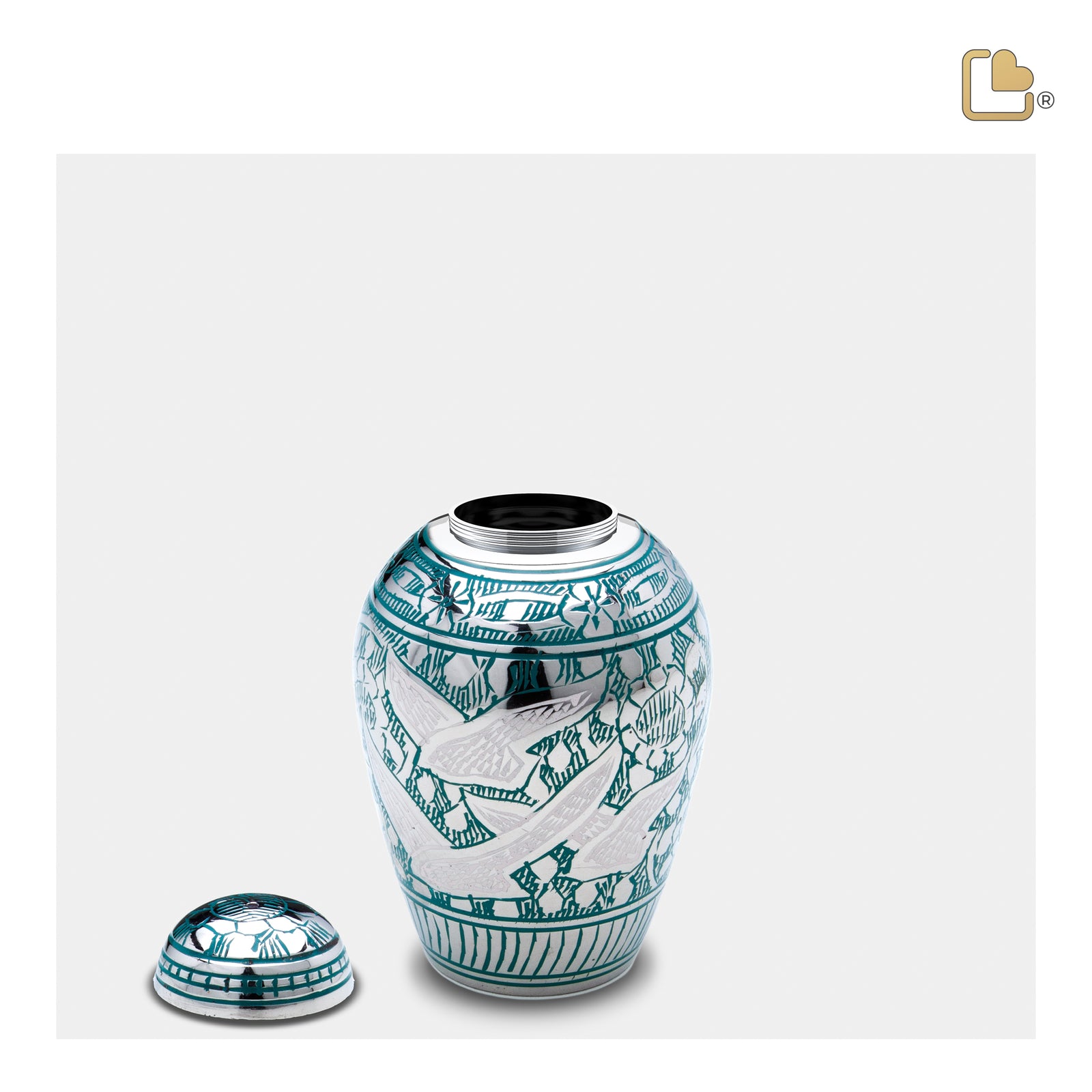 K227 DomeTop Flying Dove Keepsake Urn Green & Pol Silver