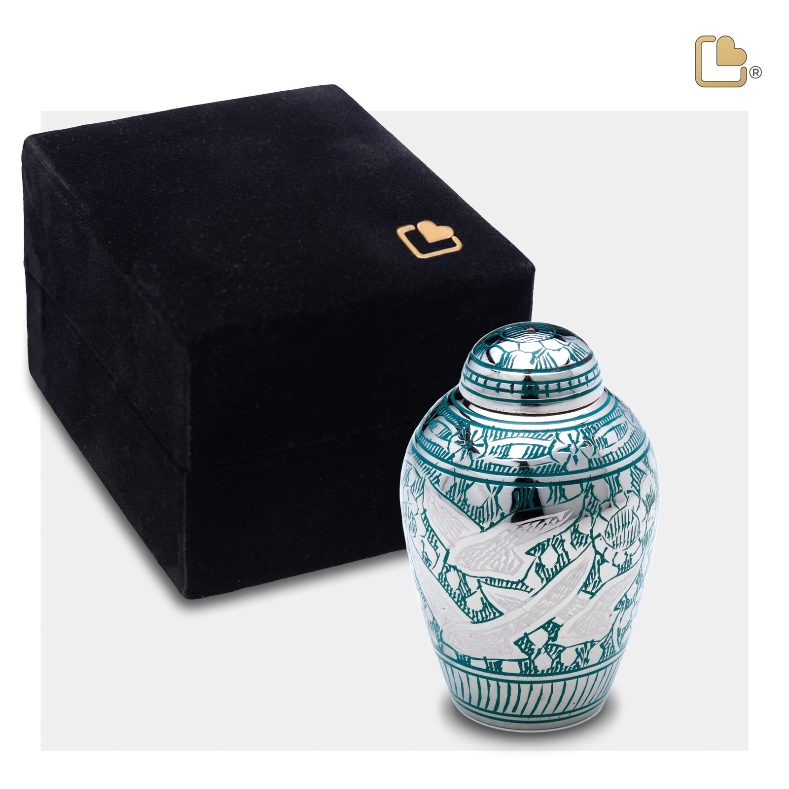 K227 DomeTop Flying Dove Keepsake Urn Green & Pol Silver