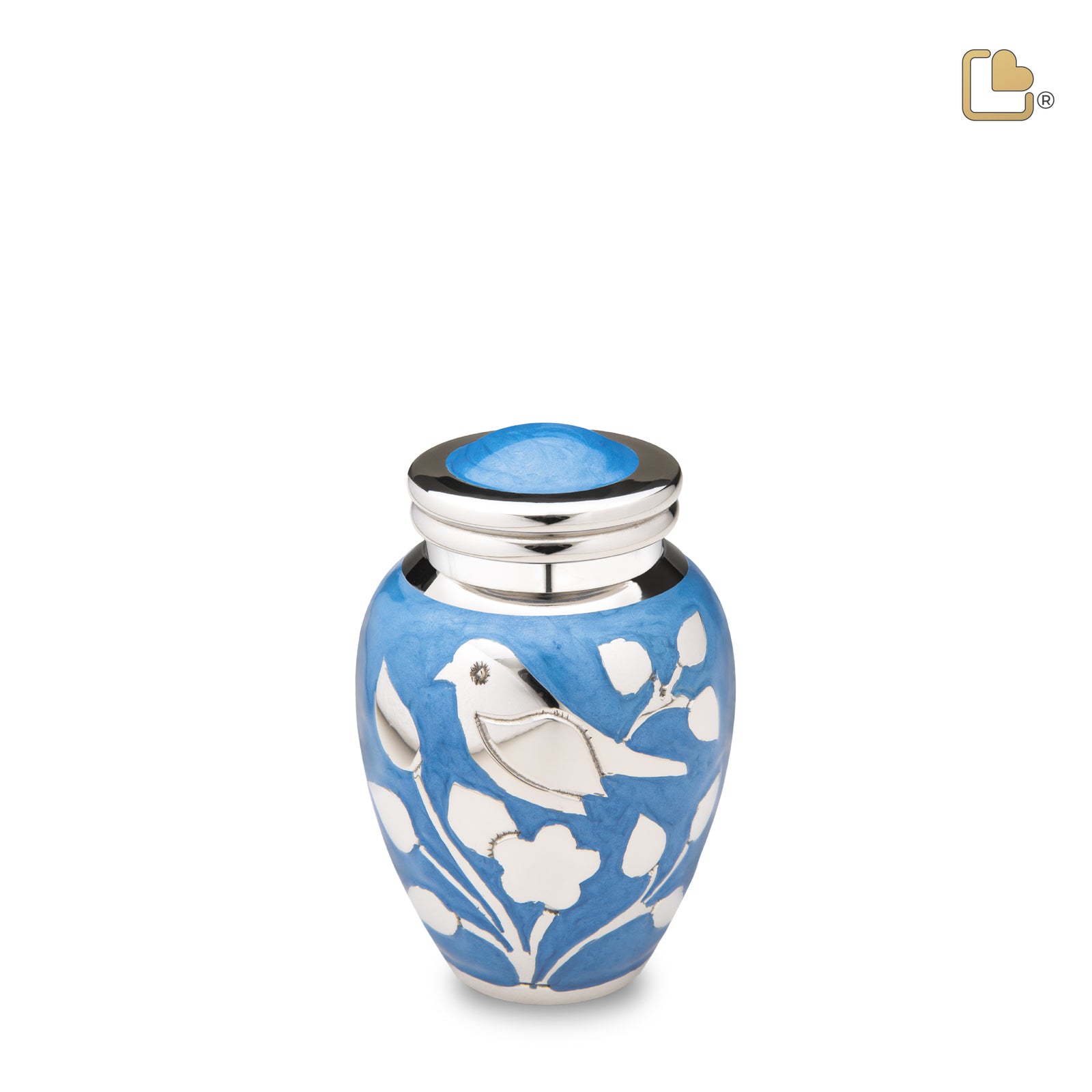 K280 BlessingBirds Keepsake Urn Pearl Blue & Pol Silver