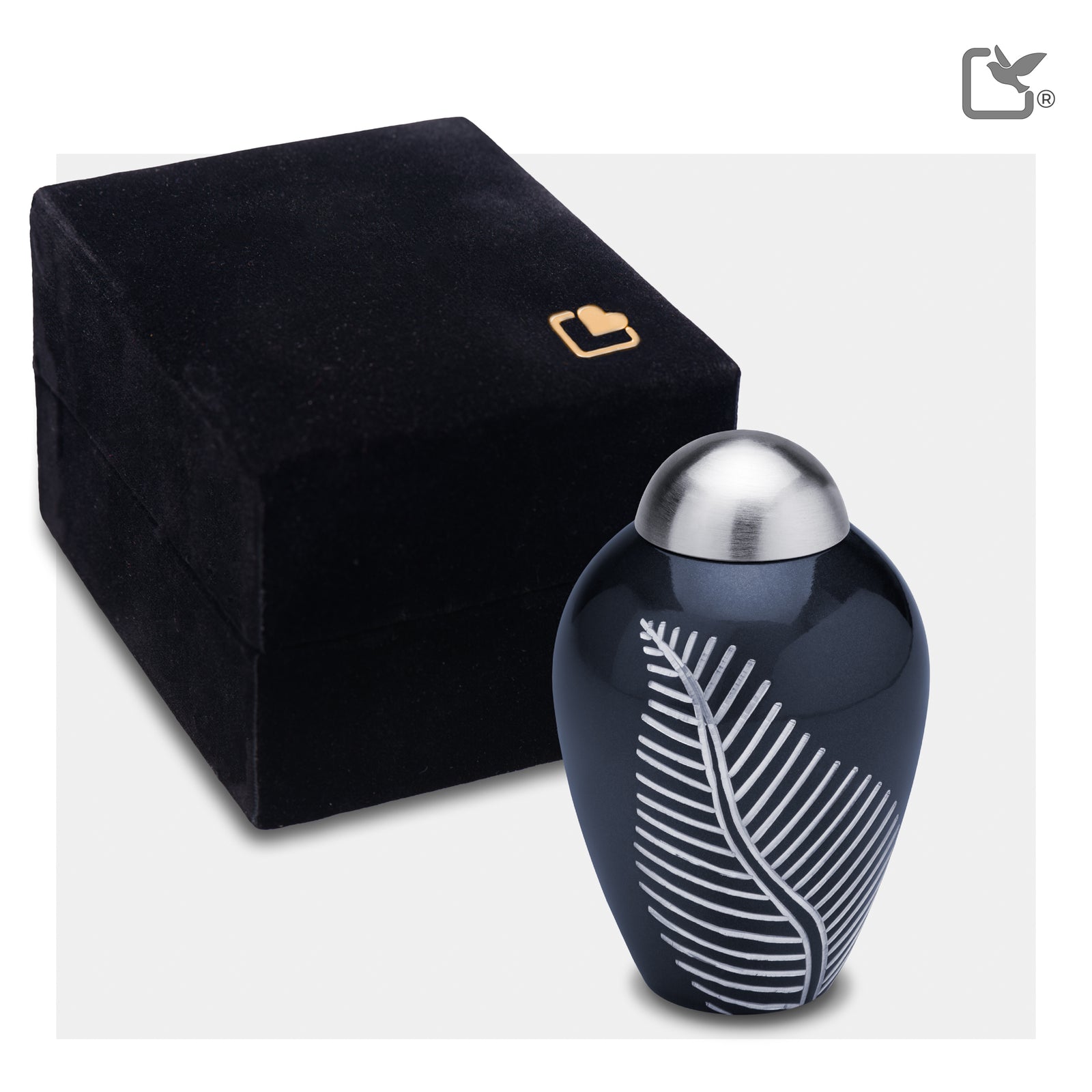 K542 Elegant Leaf Keepsake Urn Midnight & Bru Pewter