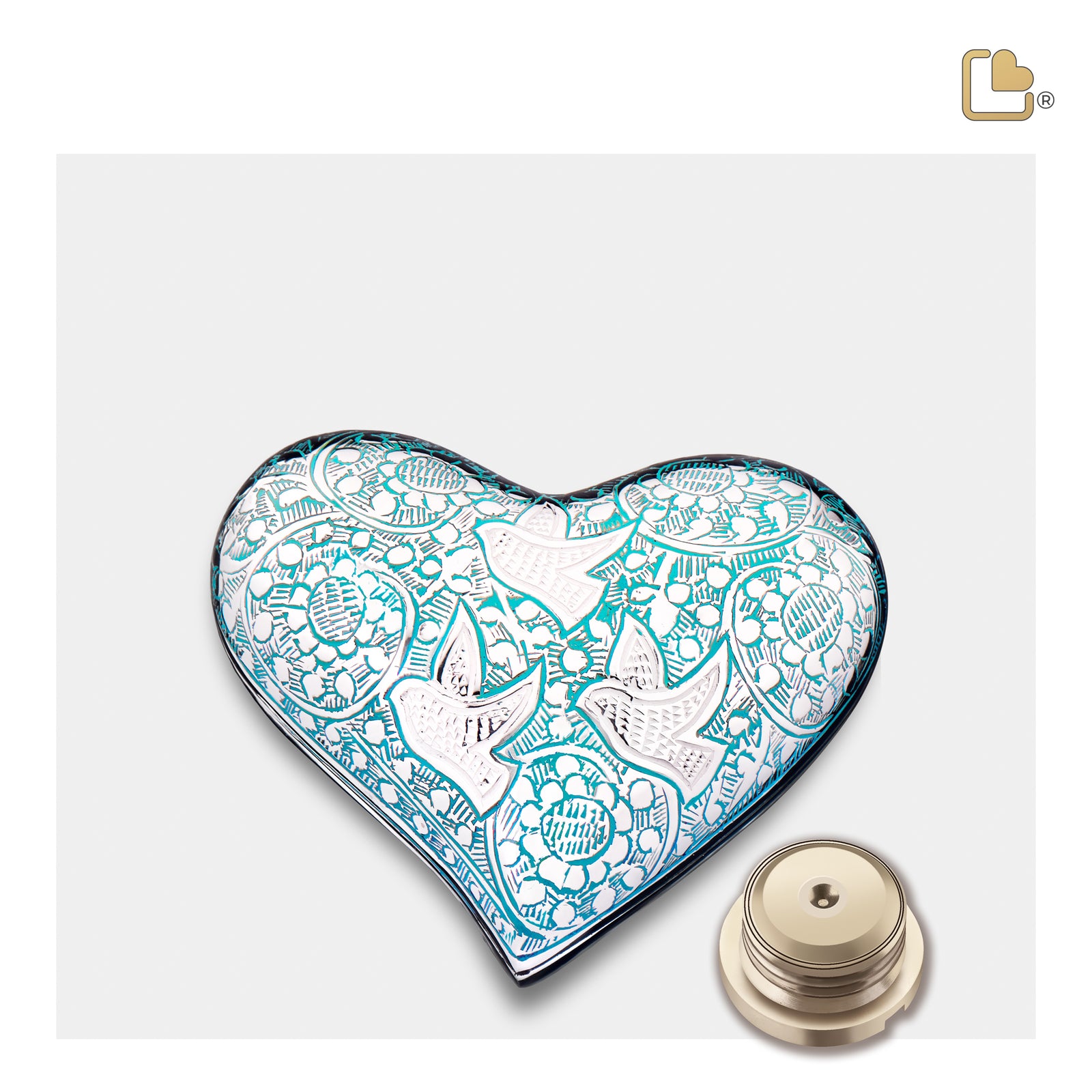 K632 Soaring Doves Heart Keepsake Urn Blue & Pol Silver