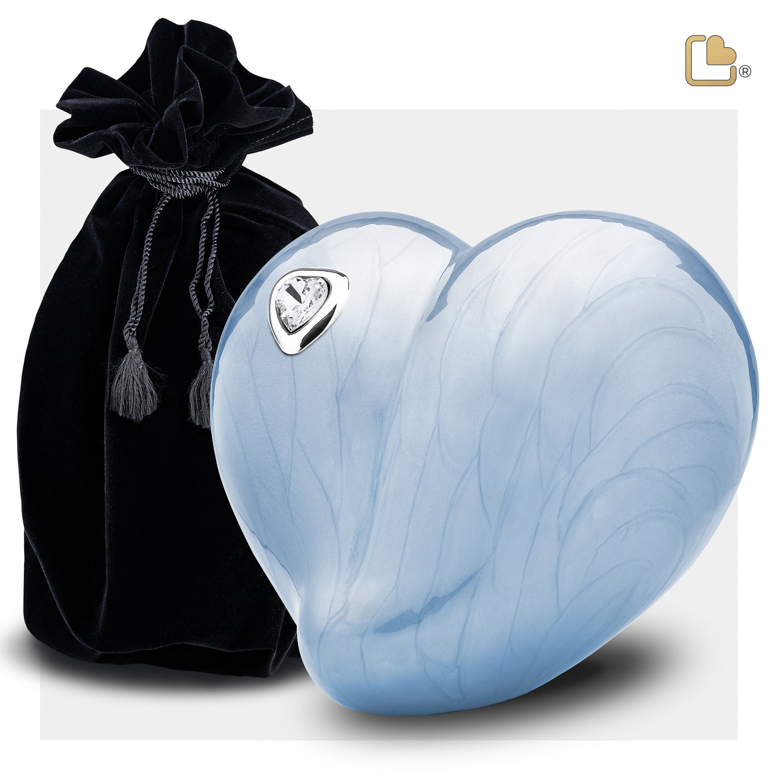 P1002 LoveHeart Child Urn Pearl Blue & Pol Silver w/Crystal