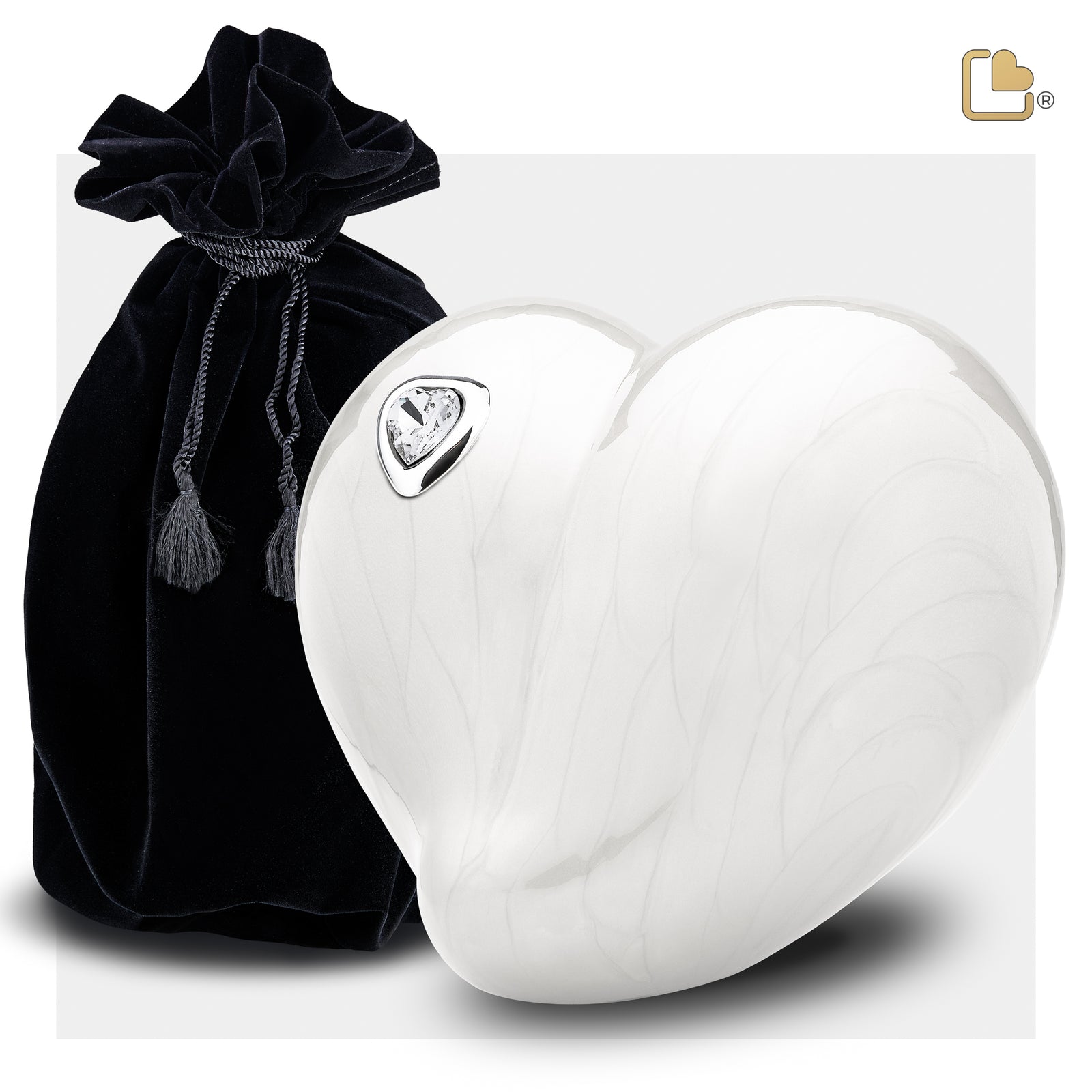 P1003 LoveHeart Child Urn Pearl White & Pol Silver w/Crystal
