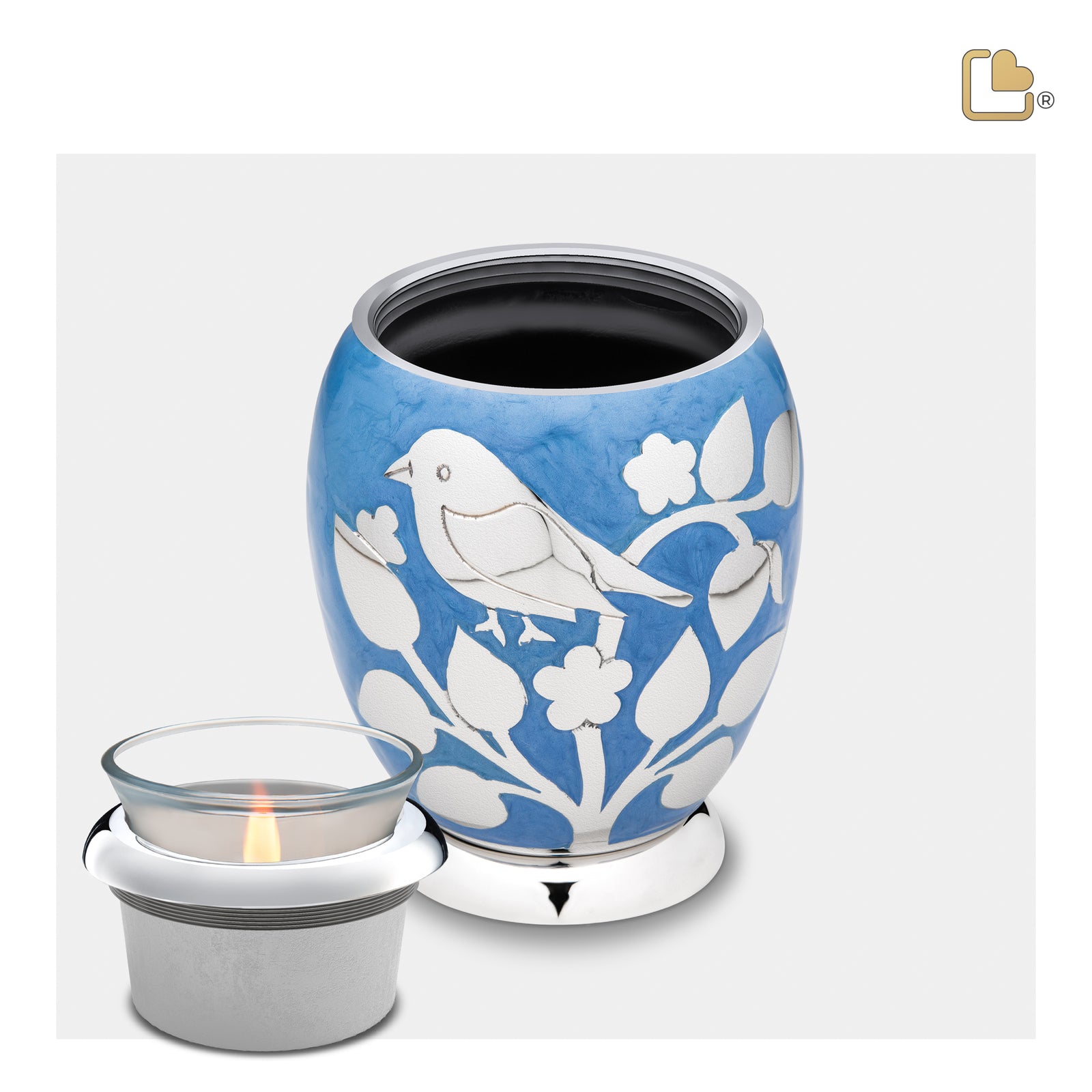 T280 BlessingBirds Tealight Urn Pearl Blue & Pol Silver