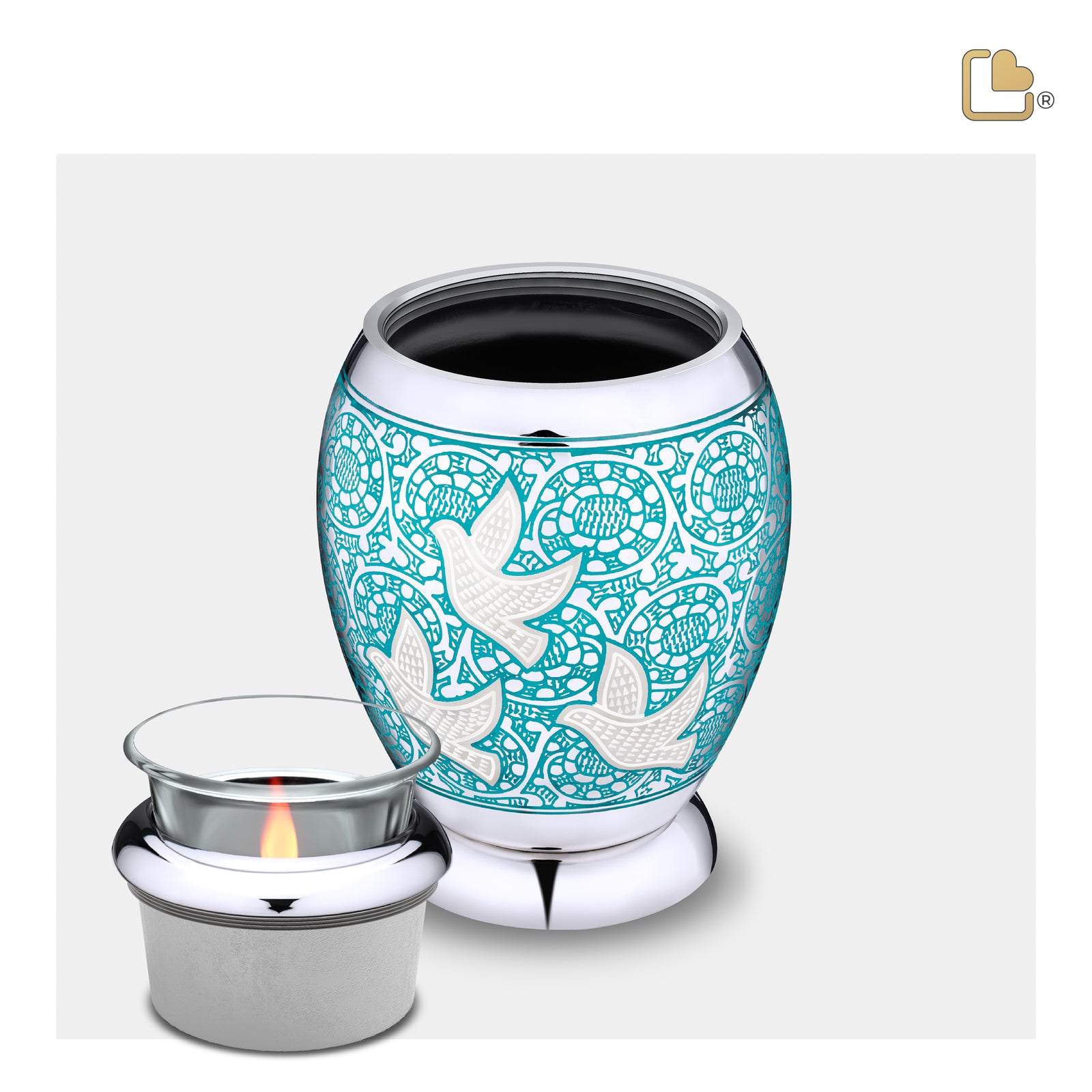 T501 Classic Soaring Doves Tealight Urn Blue & Pol Silver