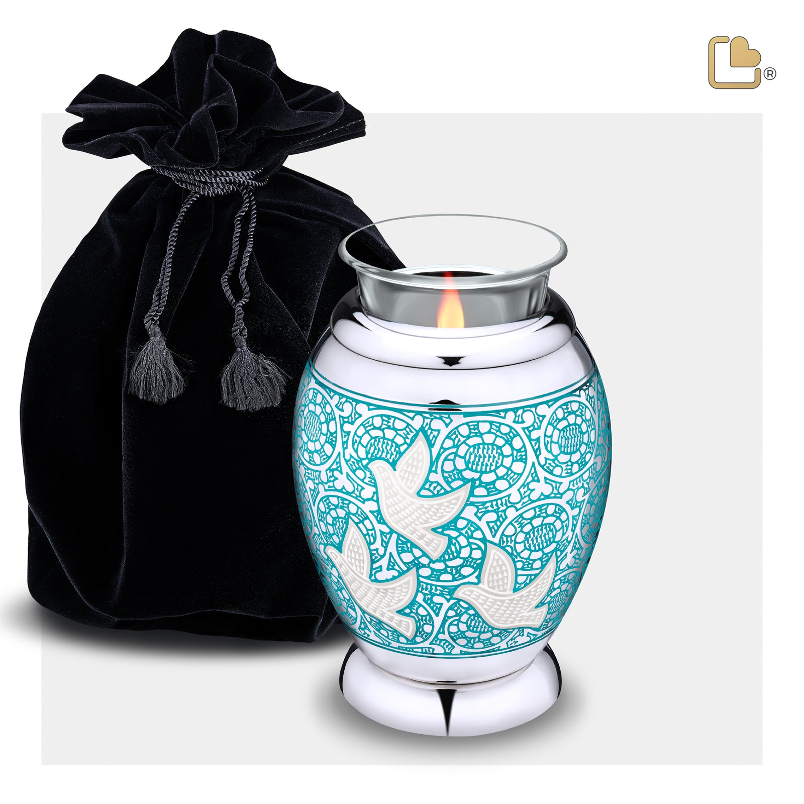 T501 Classic Soaring Doves Tealight Urn Blue & Pol Silver