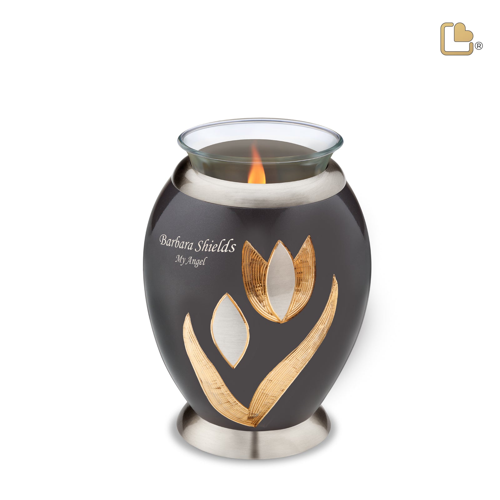 T502 Majestic Tulip Tealight Urn Midnight & Bru Pewter