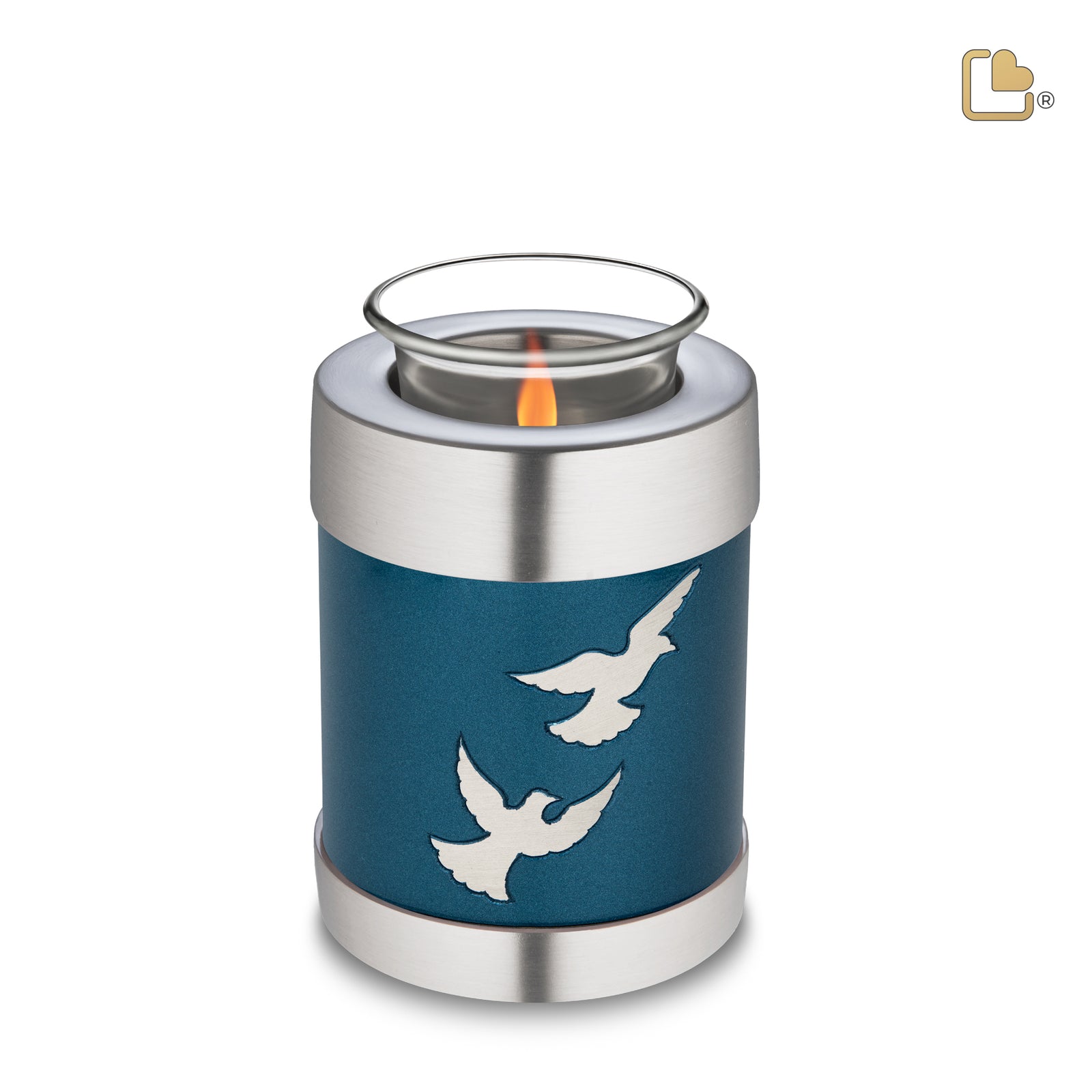T572 Divine Flying Doves Tealight Urn Blue & Bru Pewter