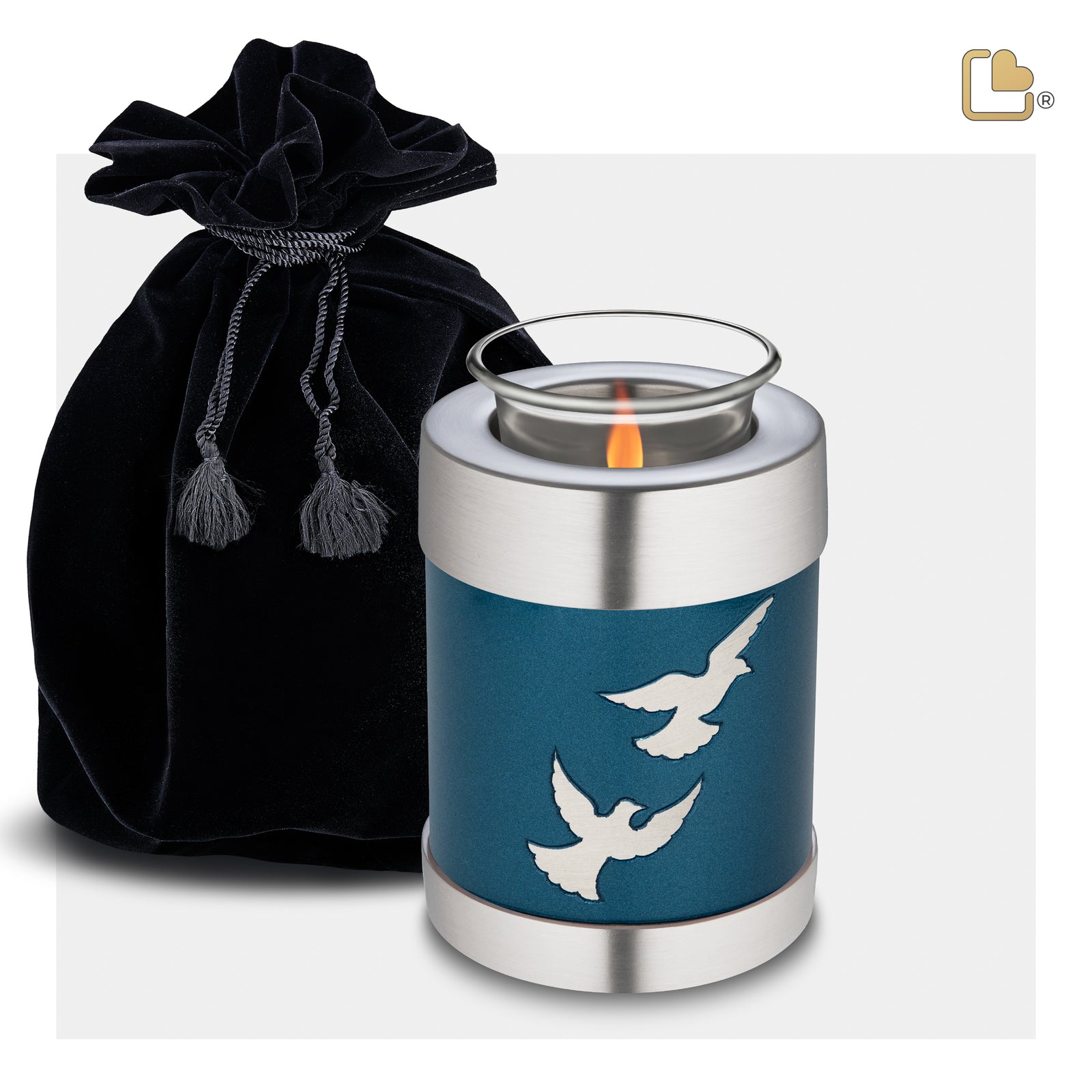 T572 Divine Flying Doves Tealight Urn Blue & Bru Pewter
