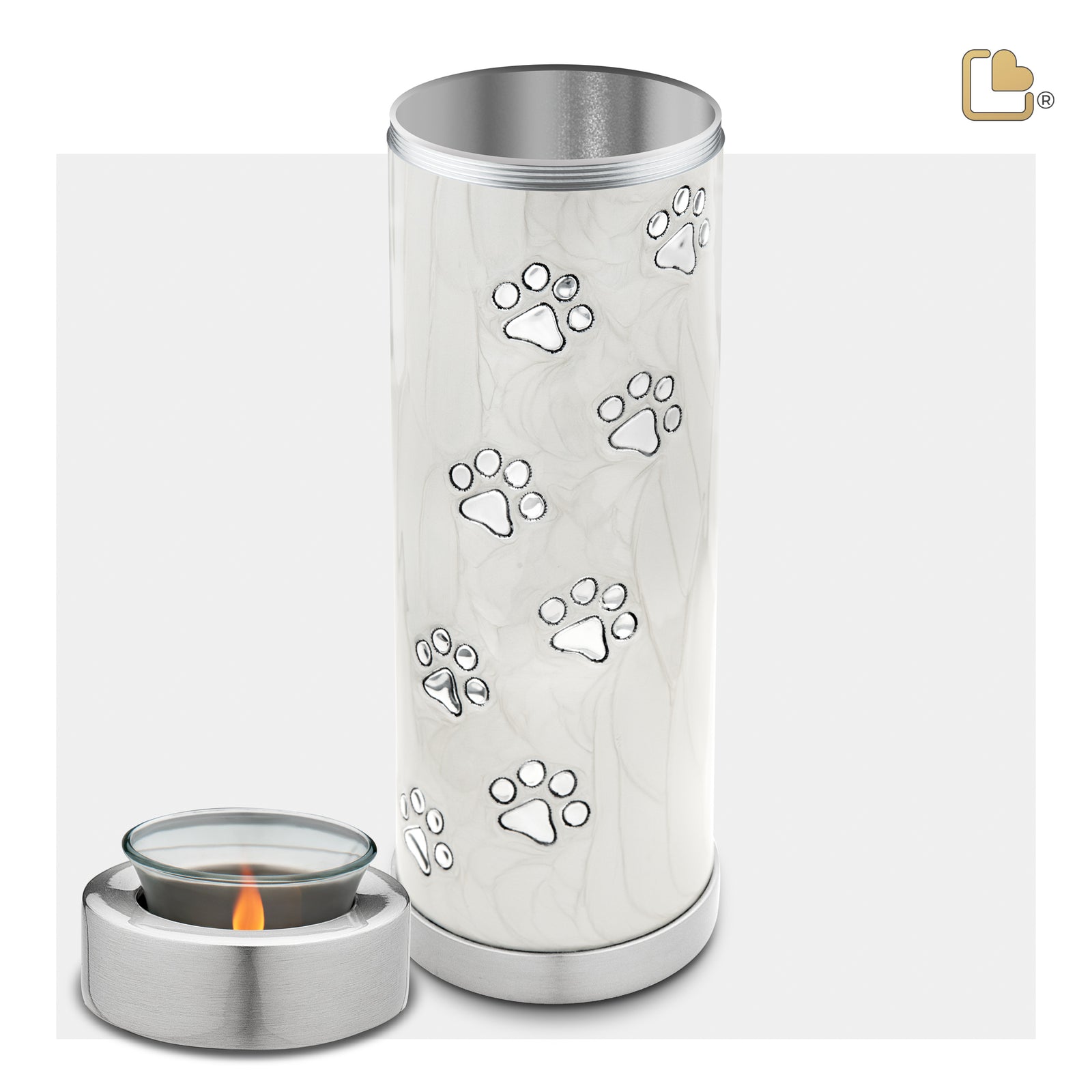 T658 Tall Pet Tealight Urn Pearl White & Bru Pewter