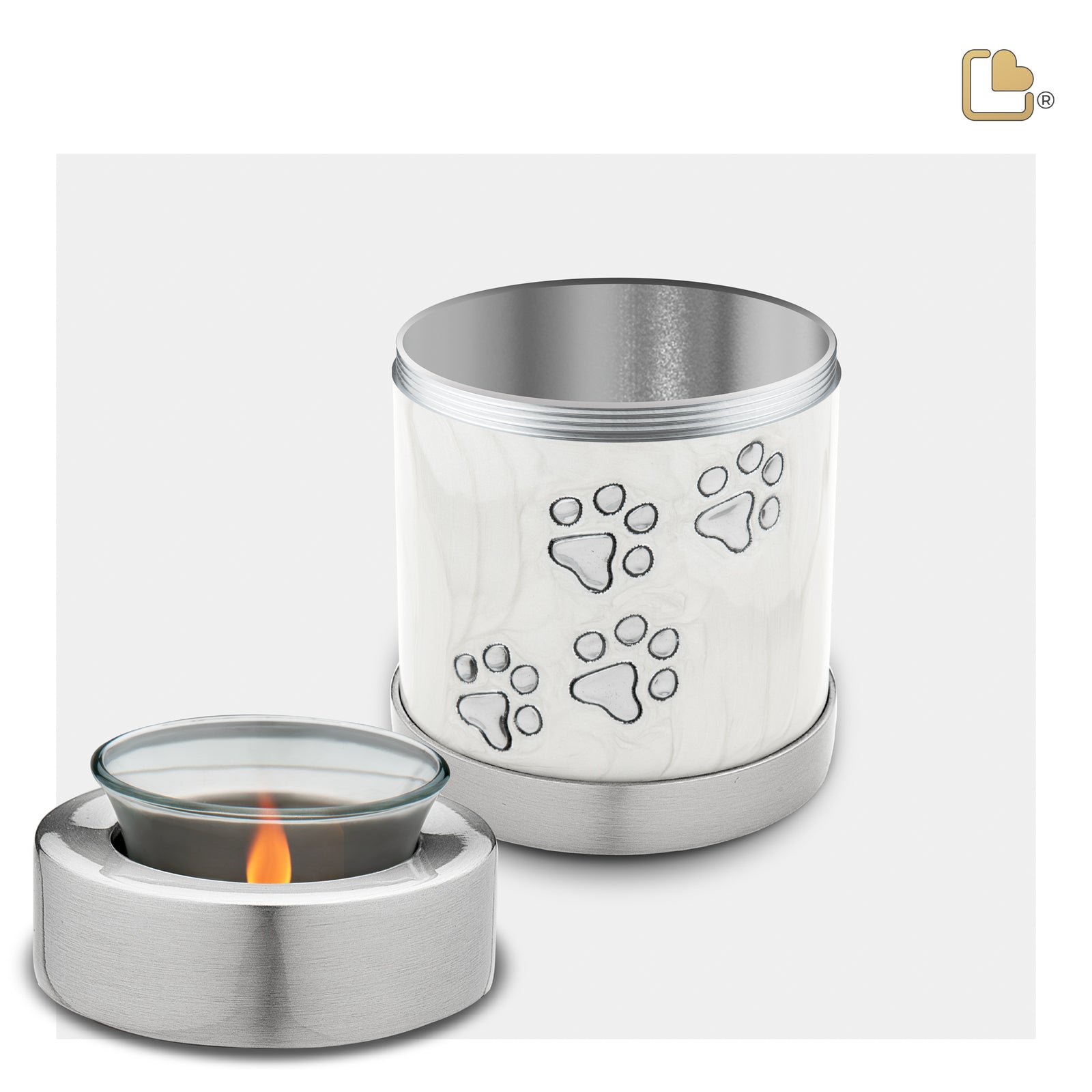 T659 Pet Tealight Urn Pearl White & Bru Pewter
