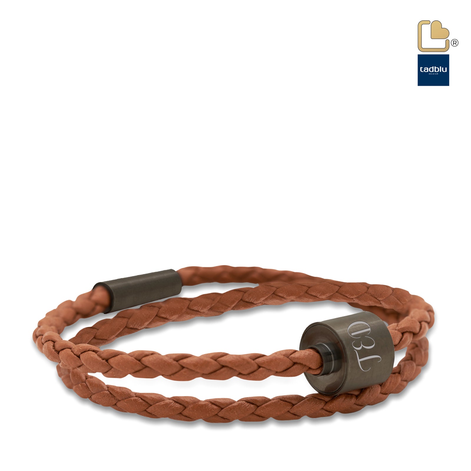 TB-BE-BB3-M Memento Bracelet (M) Braided Leather Black Ashes Bead Cognac