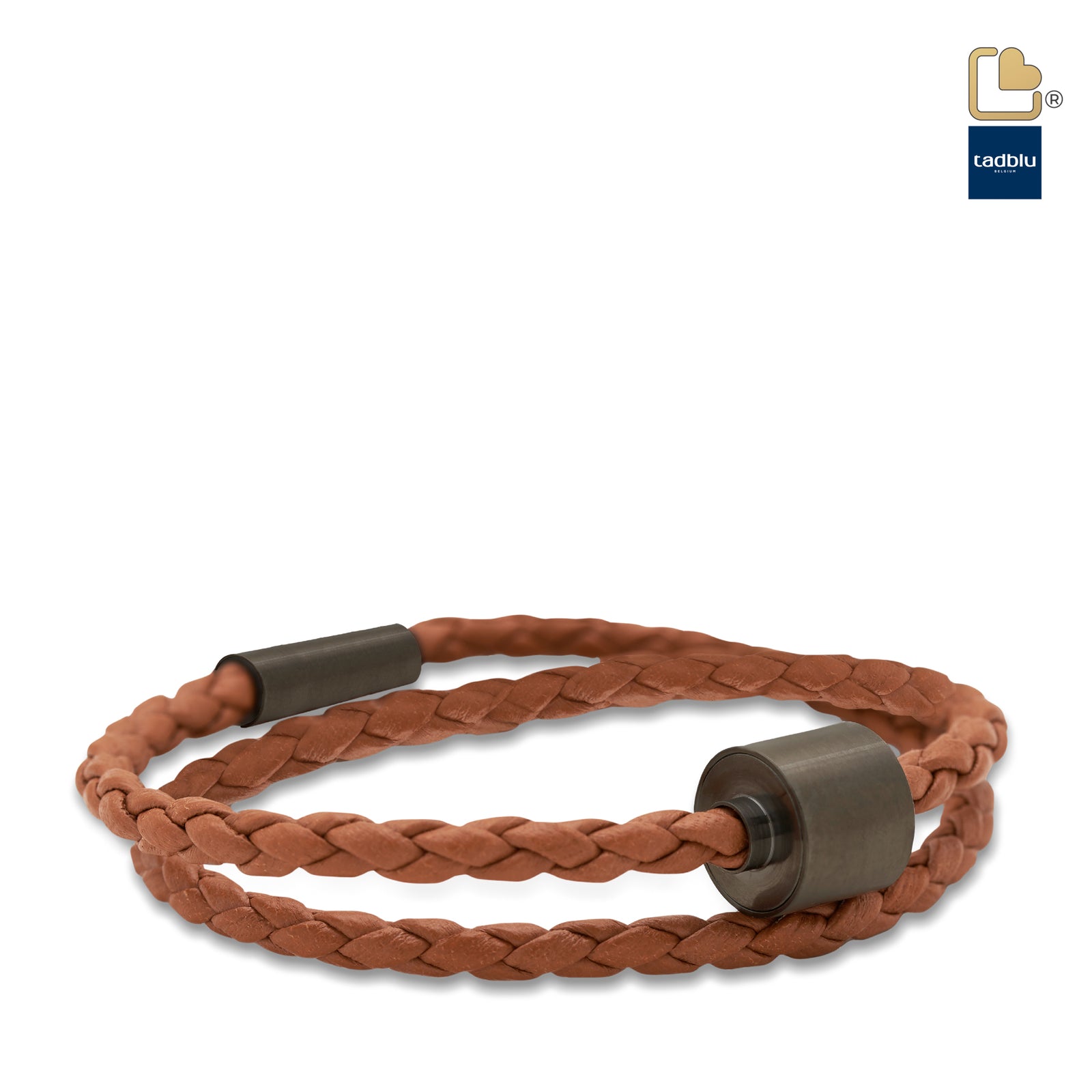 TB-BE-BB3-M Memento Bracelet (M) Braided Leather Black Ashes Bead Cognac
