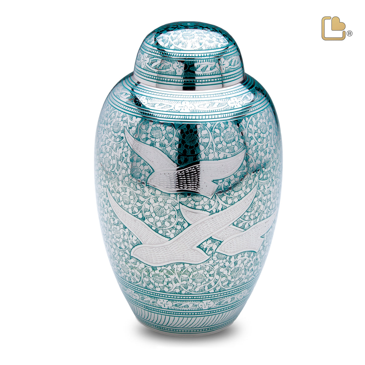 A227   DomeTop Flying Dove Standard Adult Urn Green &amp; Pol Silver