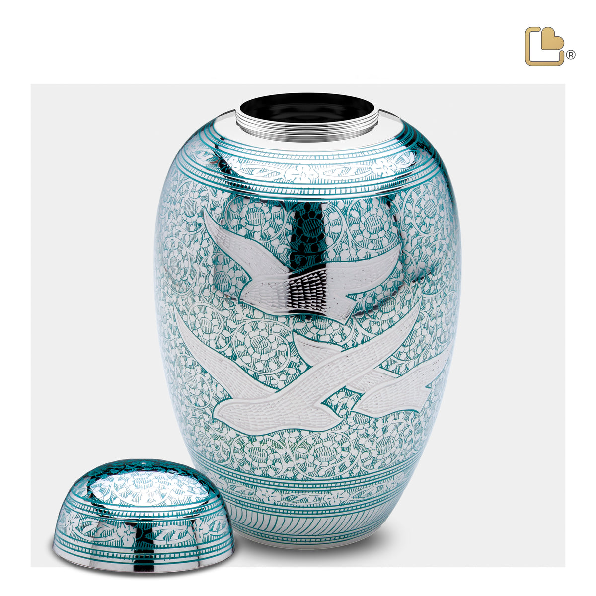 A227   DomeTop Flying Dove Standard Adult Urn Green & Pol Silver