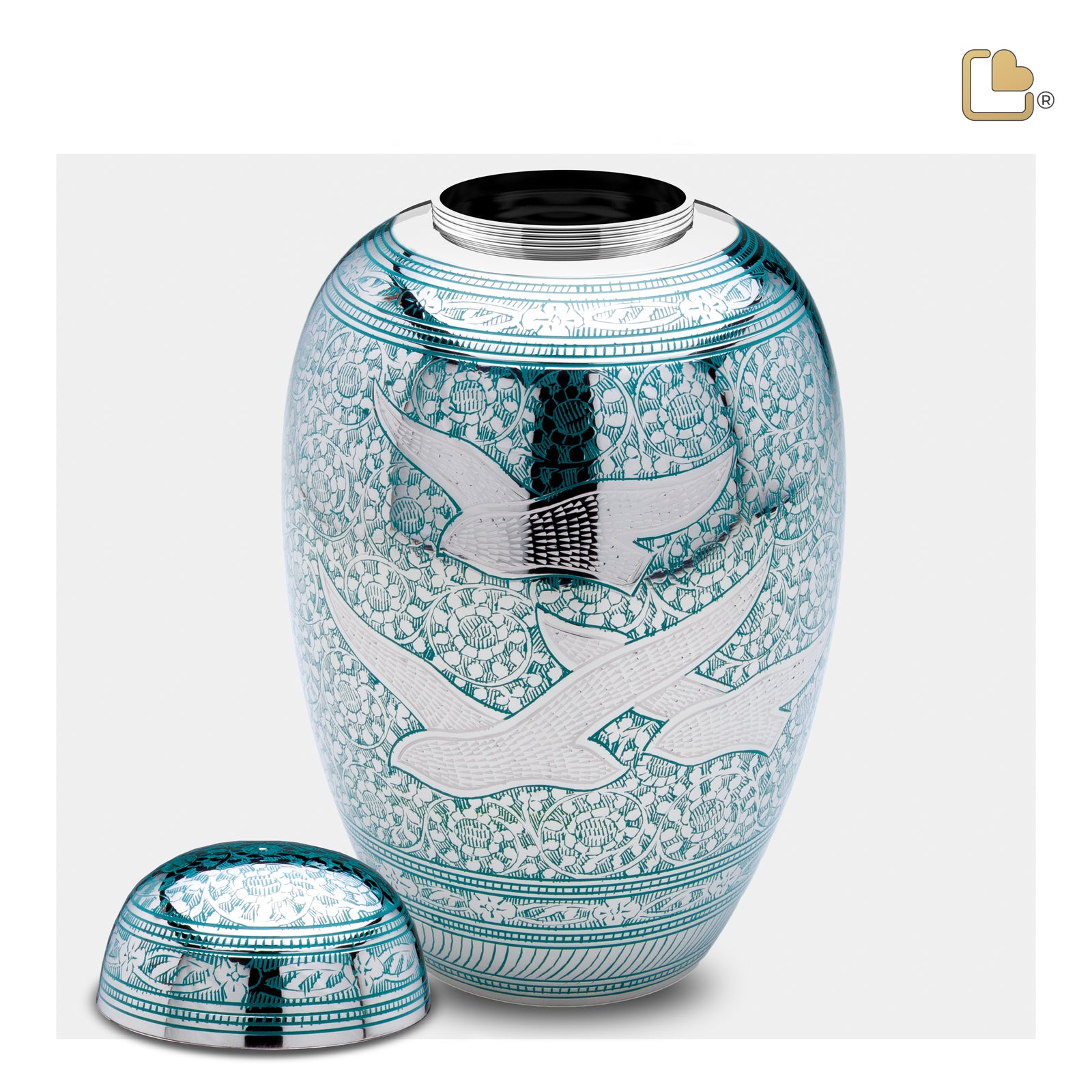A227   DomeTop Flying Dove Standard Adult Urn Green & Pol Silver