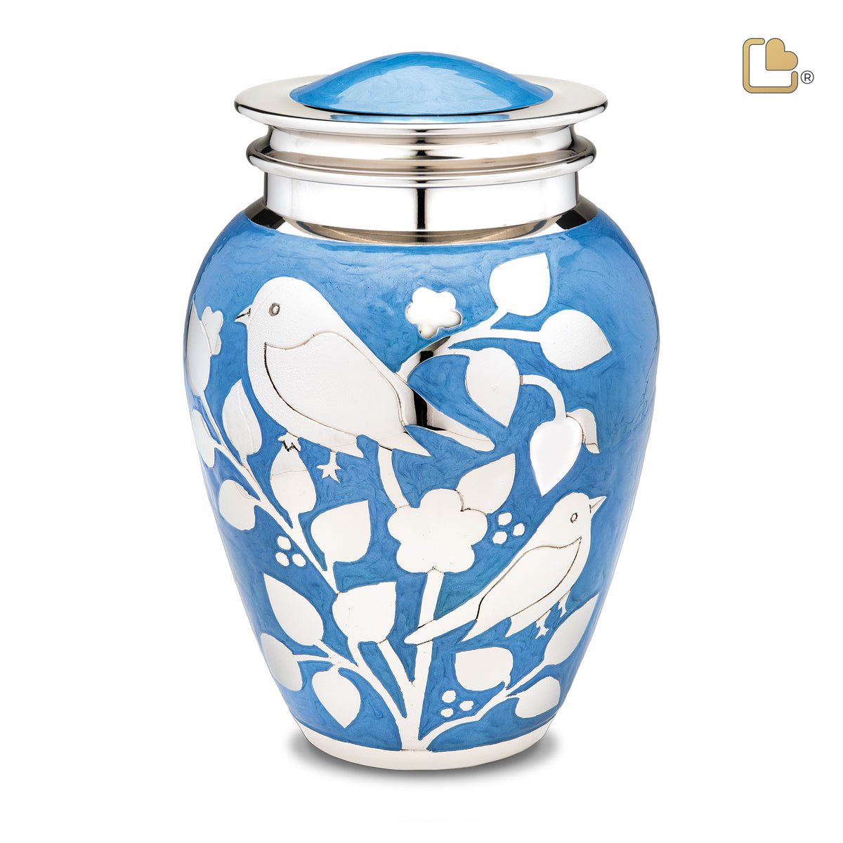 A280   BlessingBirds Standard Adult Urn Pearl Blue &amp; Pol Silver