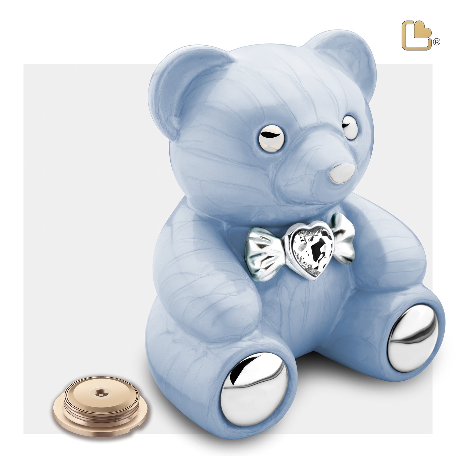 C1011   CuddleBear Child Urn Pearl Blue & Pol Silver w/Crystal