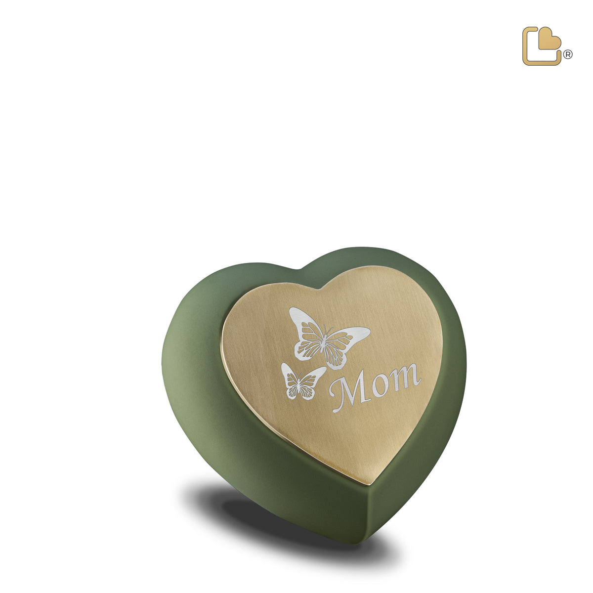 H585   Drop Heart Keepsake Urn Sage Green &amp; Bru Gold