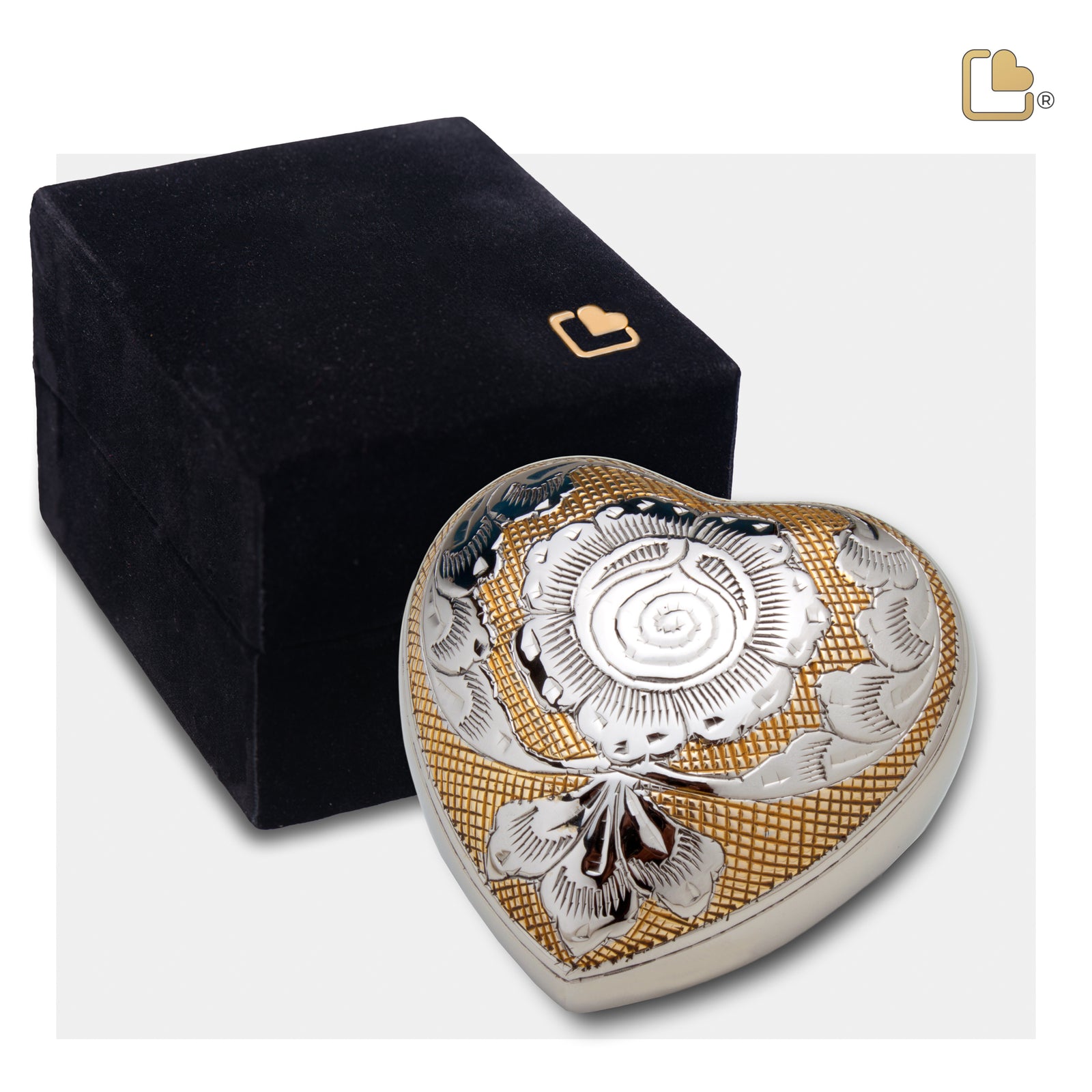 H673   Elegant Floral Heart Keepsake Urn Pol Silver
