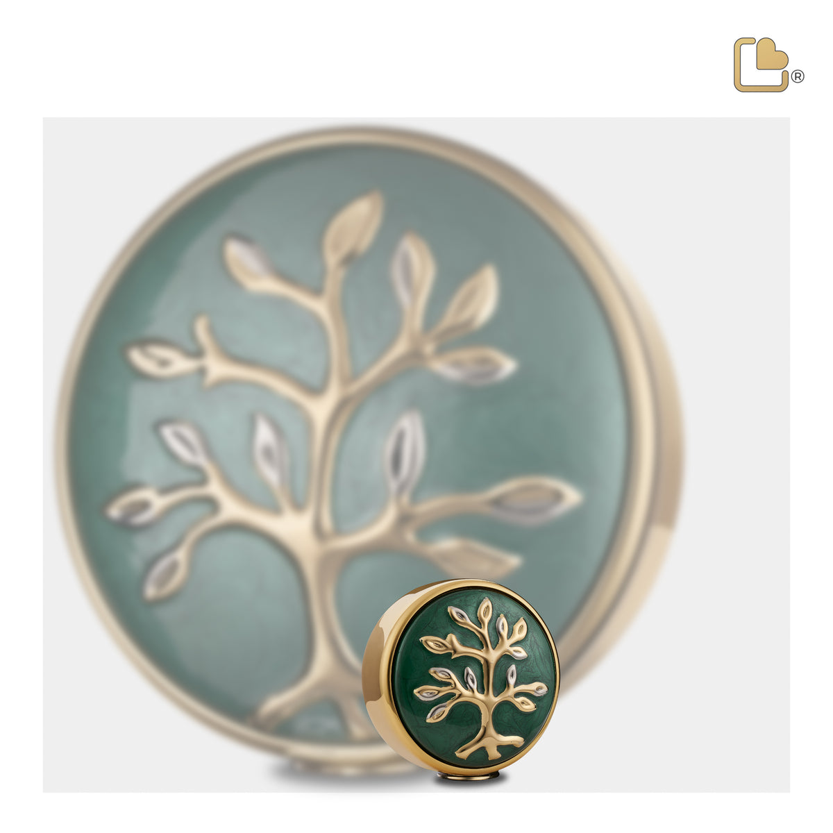 K1100   Tree of Love Keepsake Urn Pearl Green & Pol Gold