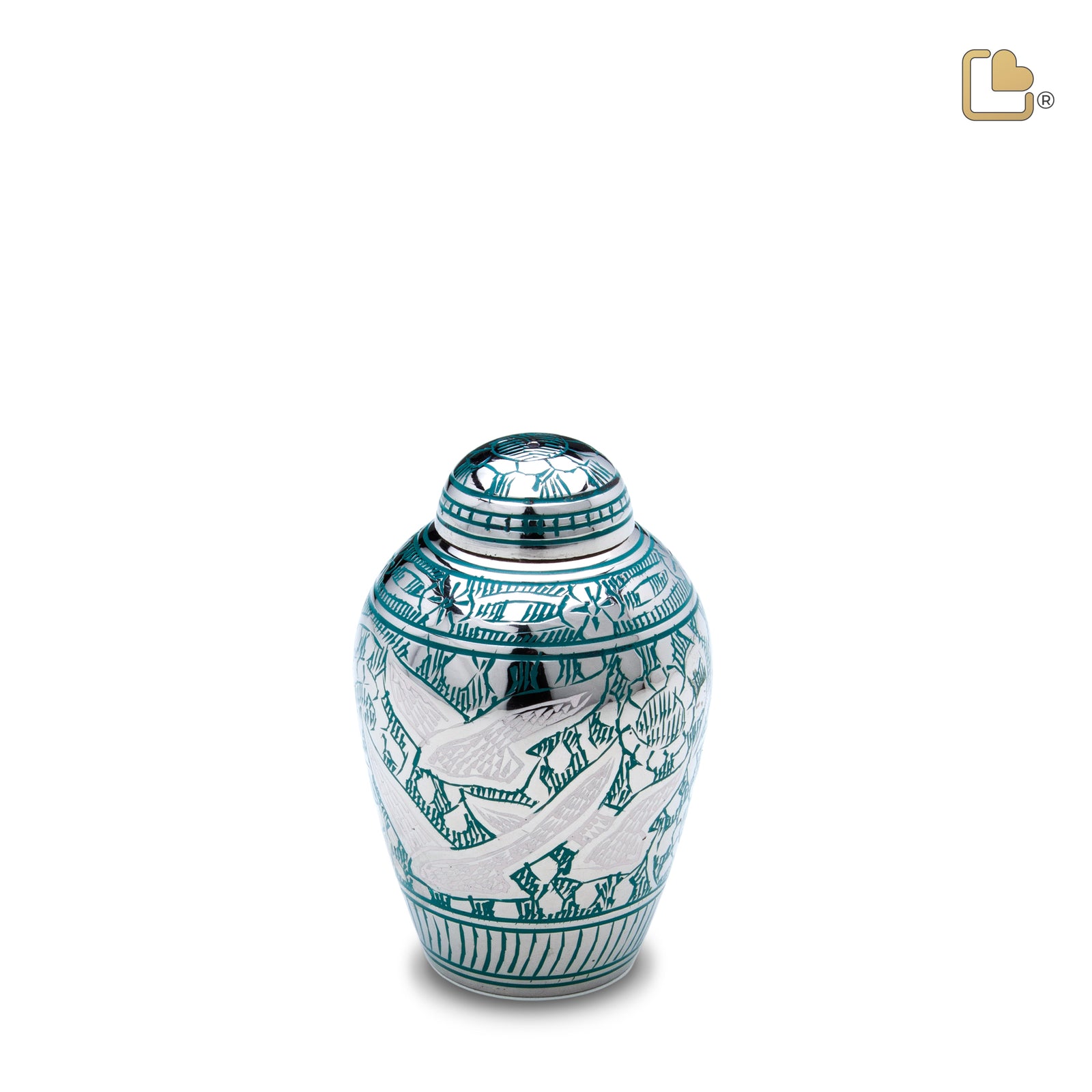 K227   DomeTop Flying Dove Keepsake Urn Green & Pol Silver