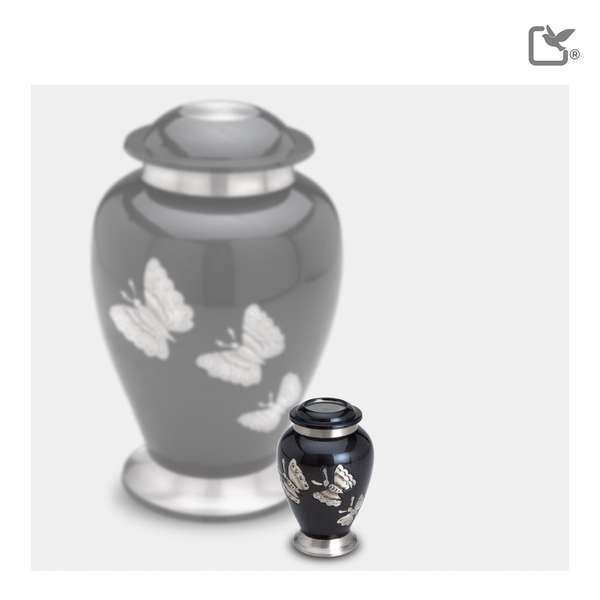 K242  Traditional Butterflies Keepsake Urn Midnight & Bru Pewter