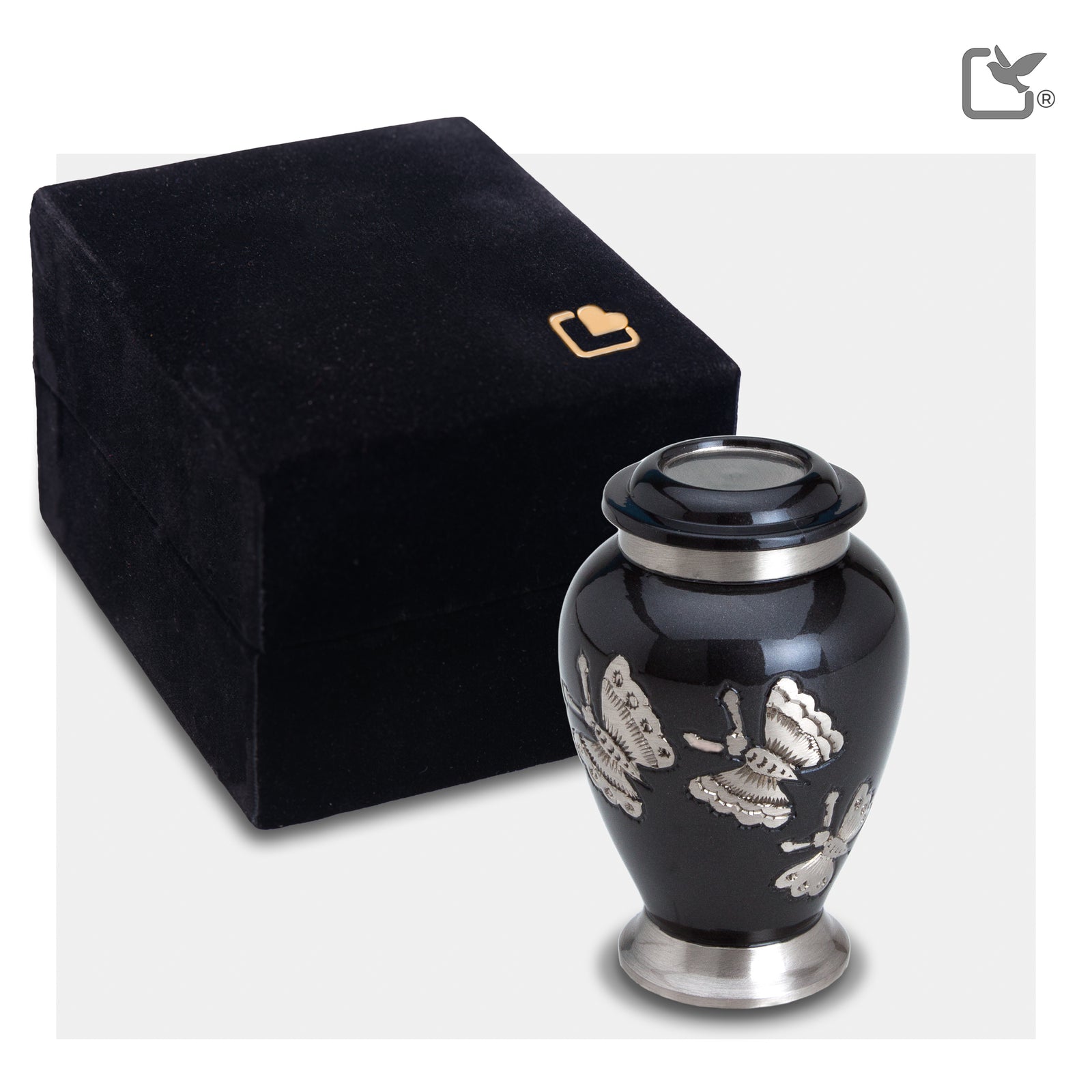 K242  Traditional Butterflies Keepsake Urn Midnight & Bru Pewter