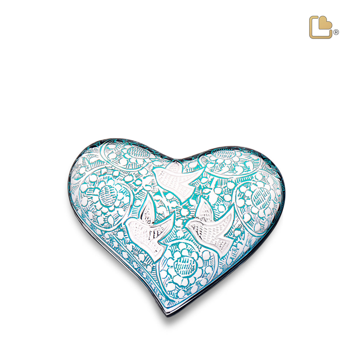 K632   Soaring Doves Heart Keepsake Urn Blue & Pol Silver