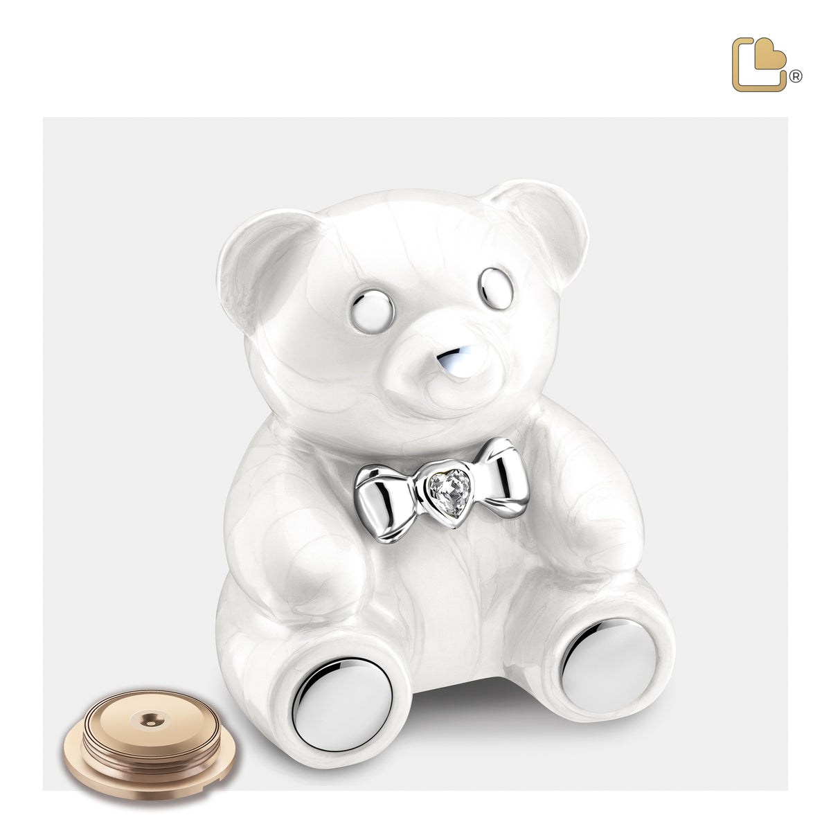 M1012   CuddleBear Child Urn Pearl White & Pol Silver w/Crystal