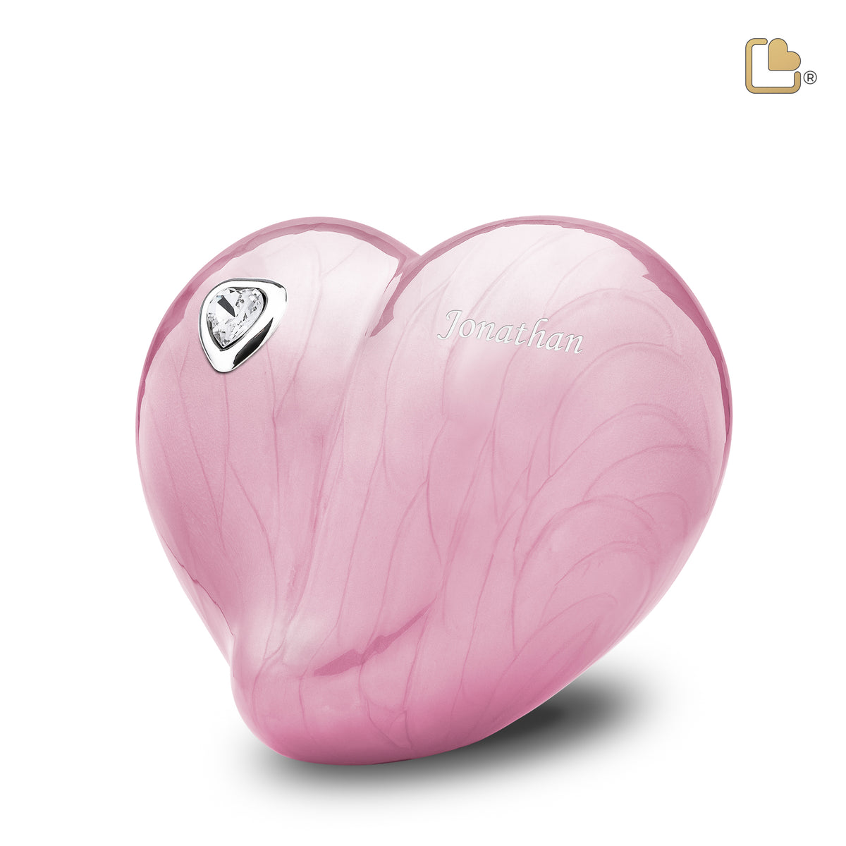 P1001   LoveHeart Child Urn Pearl Pink &amp; Pol Silver w/Crystal
