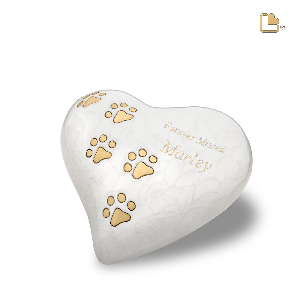 P638L   Large Heart Pet Urn Pearl White &amp; Bru Gold