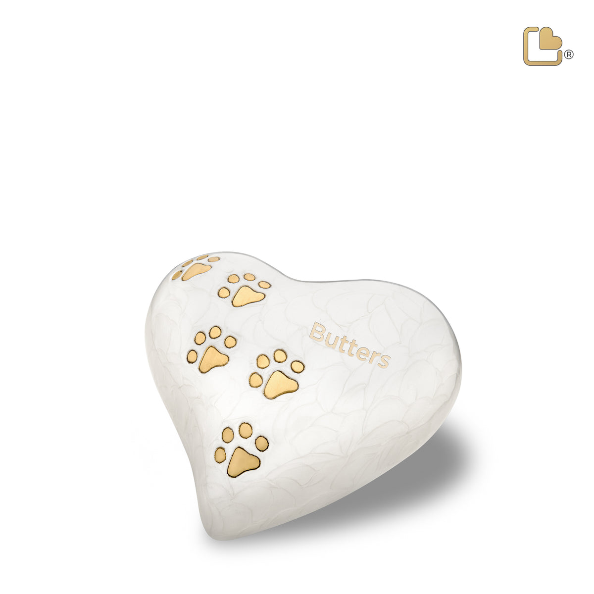 P638M   Medium Heart Pet Urn Pearl White &amp; Bru Gold
