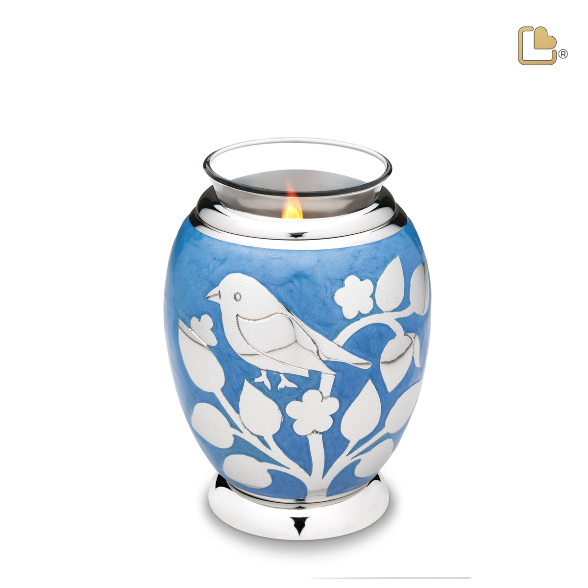 T280   BlessingBirds Tealight Urn Pearl Blue &amp; Pol Silver
