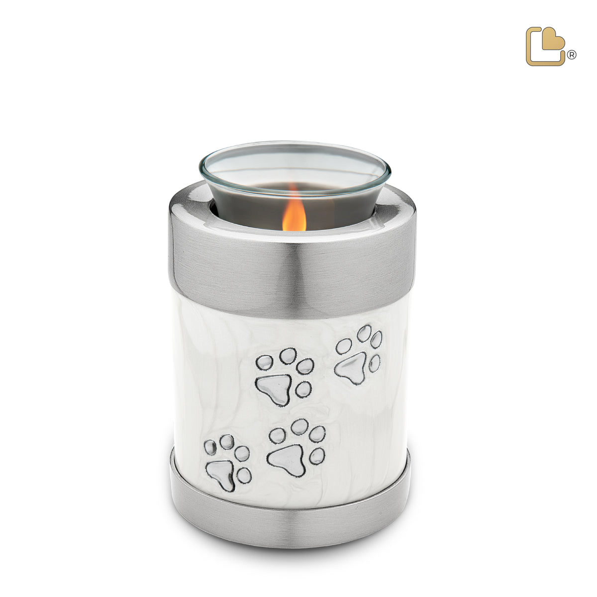 T659   Pet Tealight Urn Pearl White &amp; Bru Pewter